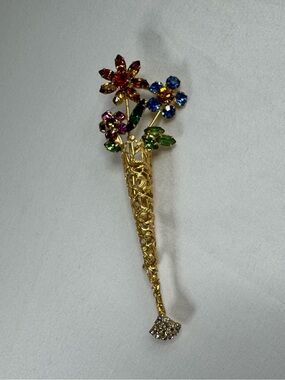VTG 1950s Cornucopia Brooch Pin Gold Horn of Plenty Rhinestone Floral Jewelry